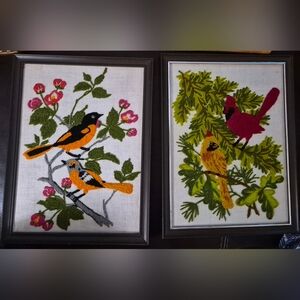 Vintage Crewel Embroidered Bird Wall Art Set